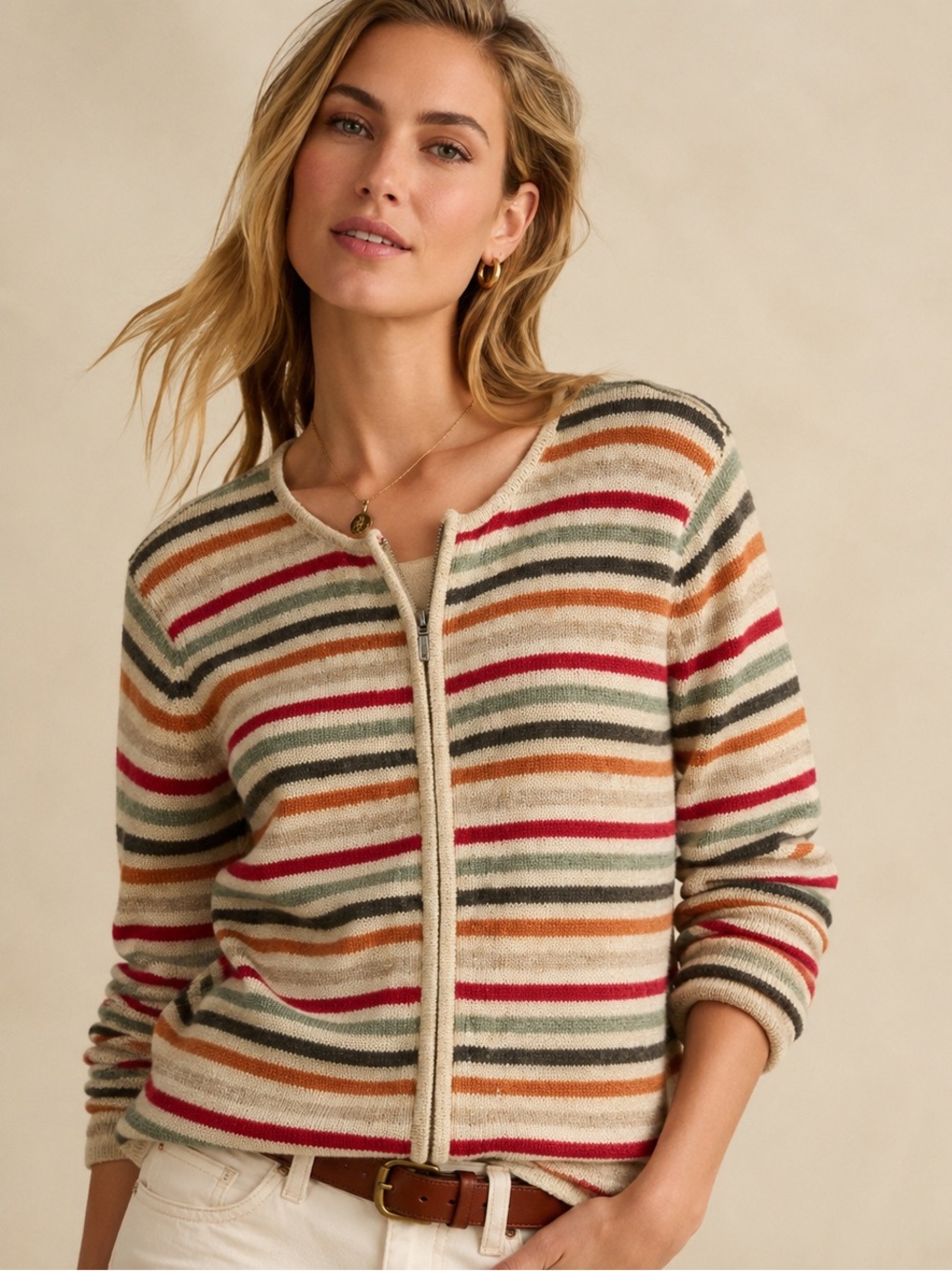 Carroll Reed 100% Wool Striped Zip Front Cardigan Sweater Small